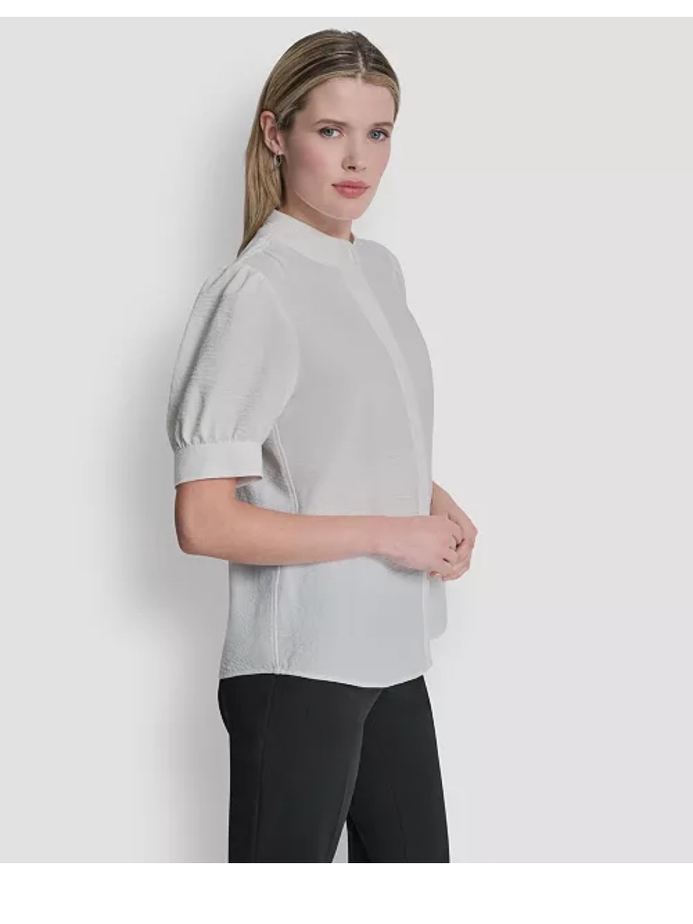Dkny White Textured Mandarin-Collar Short-Sleeve Blouse medium M - Picture 2 of 5